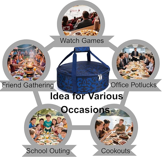 Round Portable Insulated Thermal Dish Carrier Bag for Pie and Cake Transport to Keep Food Hot/Cold/Fresh for Lunch, Potlucks Parties Gathering,Cookouts,Church Dinner,Outdoor Events-Pink