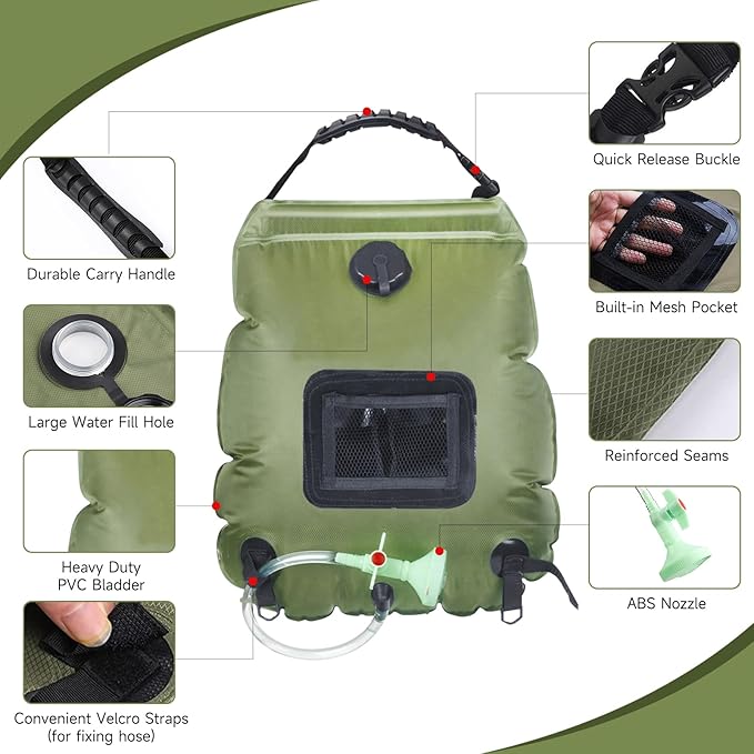 Solar Portable Shower Bag, 5 Gal/20L Solar Heating Camping Shower Bag with Removable Hose&On-Off Switchable Shower Head, Compact Camping Shower for Camping, Hiking, Traveling, Beach Swimming