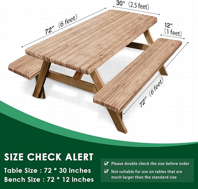 Picnic Table Cover with Bench Covers Elastic Edges, Brown Map Wooden Fitted Table Cover, Outdoor Patio Camping Essentials 72 Inch 3PCS, Waterproof Camping Fitted Tablecloth with Drawstring Bag