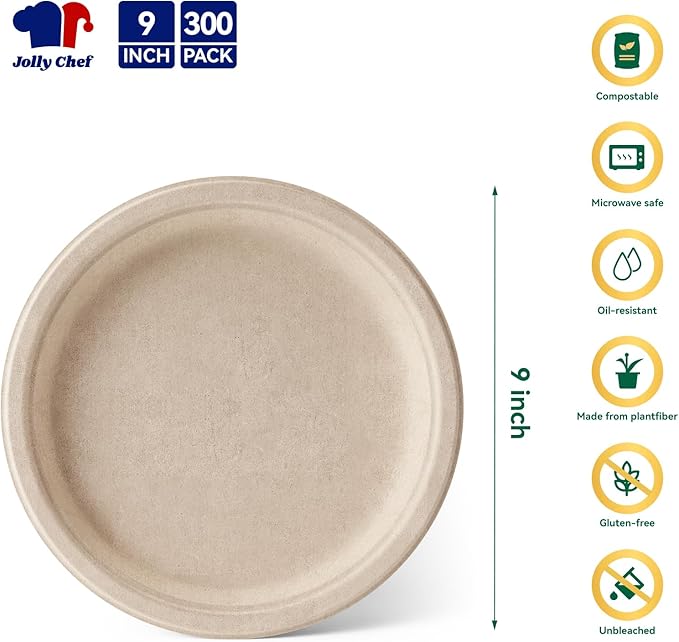 JOLLY CHEF Compostable Heavy Duty Plates 9 Inch [300 Pack] Eco-Friendly Disposable Natural Paper Plates Bagasse Biodegradable Bulk for Party Dinner Sugarcane Fibers Round 300 Count(Brown)