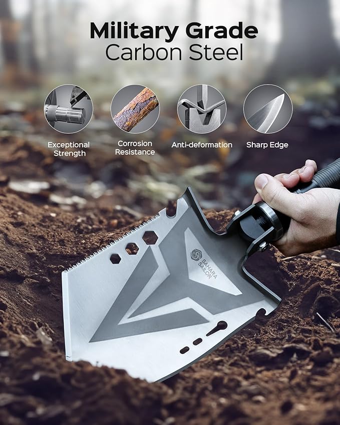 Sahara Sailor Folding Camping Shovel Axe Kit Military Grade, Multifunctional Survival Tactical Shovel with Paracord, Dual Color Flashlight, Whetstone, Emergency Gear for Camping