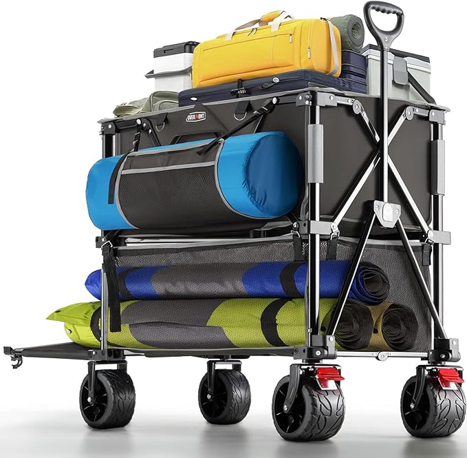 Overmont 400L Foldable Double Decker Wagon - Large Capacity Collapsible Wagon Cart- 52" Extra Long Extender - All-Terrain Big Wheels for Camping, Football Game, Sports Events, Support Up to 450lbs
