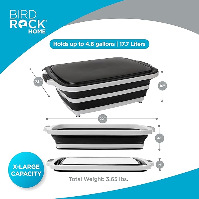 BIRDROCK HOME Collapsible XL BBQ Prep Tub w/Cutting Board, Multi-Function Grill Caddy w/Colander & Lid, Portable Silicone Dish Bowl for Picnic, Tailgate, Camping - Black