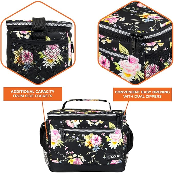 opux Insulated Lunch Box Men Women, Lunch Bag for Work School, Leakproof Soft Cooler Tote Adult, Large Lunch Pail Kids Boys Girls, Picnic Beach Food Bag with Shoulder Strap, Black Floral