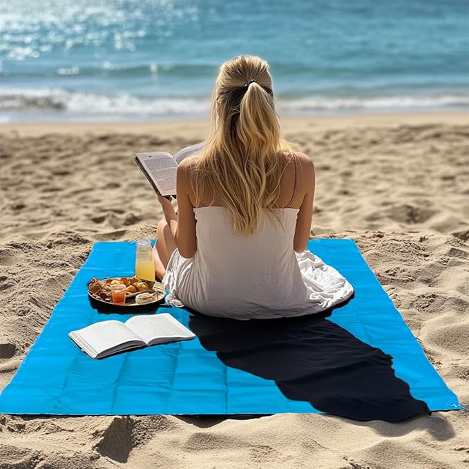 Outdoor Pocket Blanket, 55"x39" Waterproof Foldable Compact Small Pincic Blanket, Ultralight Tarp for Camping, Festival, Beach, Hiking, Backpacking, Travel and More, Stakes Included