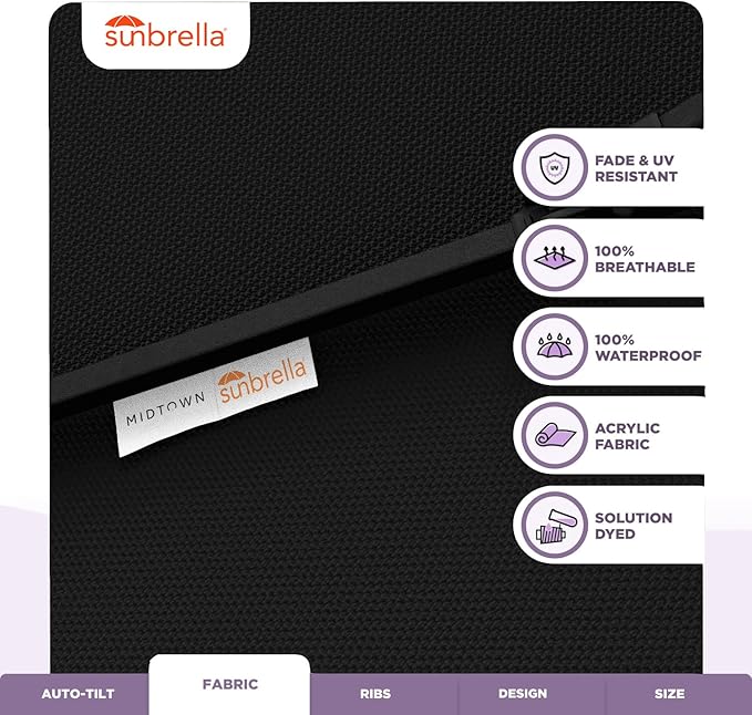 Midtown Umbrellas Sunbrella Umbrella 9 Feet Outdoor Umbrella With Black Acrylic Fabric - Auto-Tilt Aluminum Frame Patio Umbrella For Backyard, Deck, Garden, Pool - Black Pole