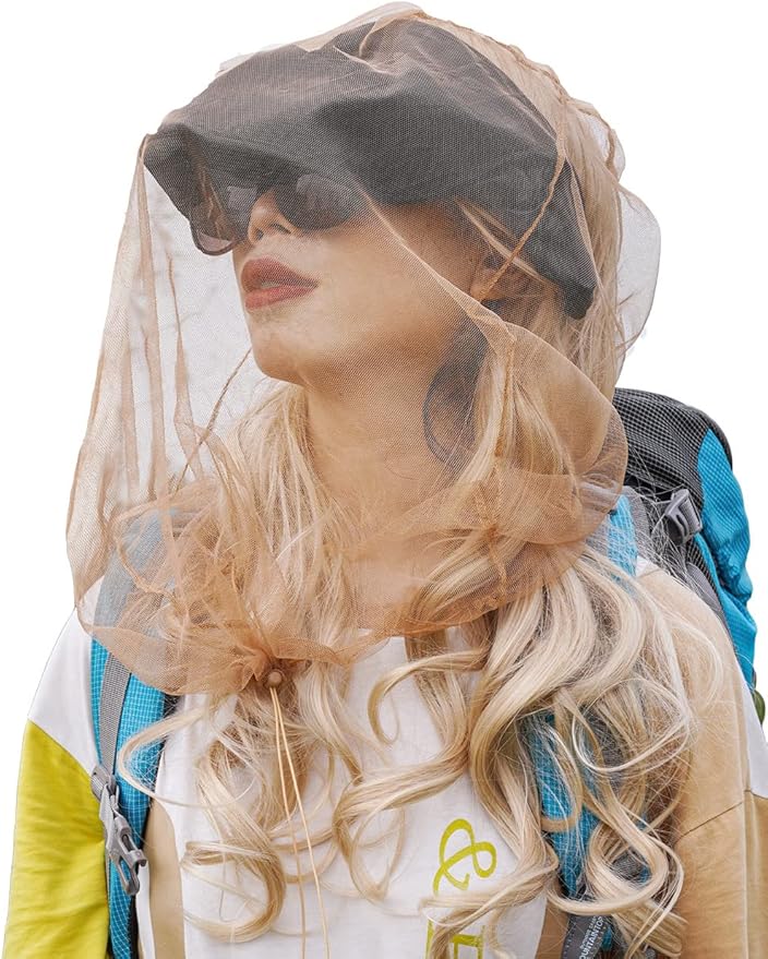 Wohohoho Mosquito Mesh Head Net with Drawstring, Face Netting for Hats & Men/Women - Beekeeper Net Mask Protection for Midge, Bugs & Gnats (2 Packs, Khaki) BIG NET