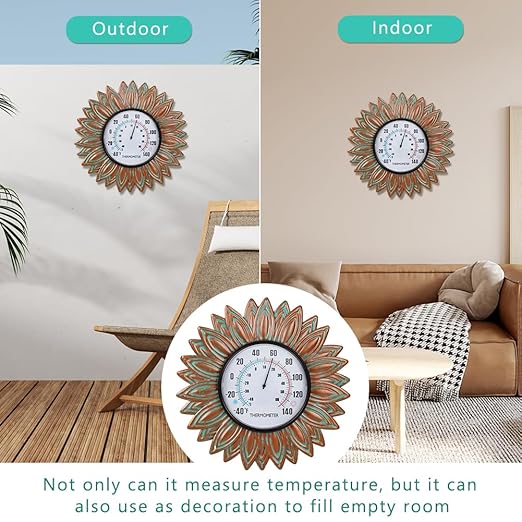 Sunflower Outdoor Thermometers, No Need Battery Indoor Themometer, 12" Metal Wall Thermometer with Large Number Easy to Read for Patio Room Decor