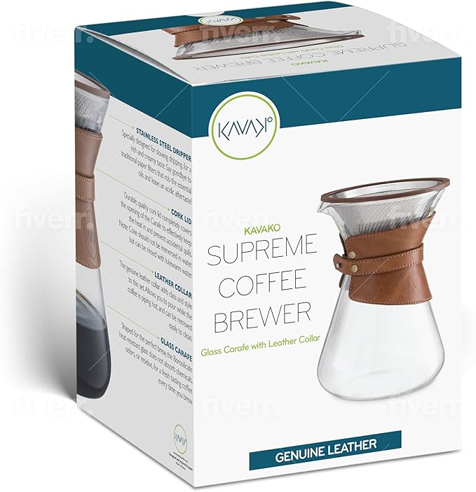 Pour Over Coffee Maker Set with Double-Layer Stainless Steel Filter, Coffee Dripper, Cork Lid and Leather Collar Holder - High Heat Resistance Borosilicate Glass Carafe, Great Gift Idea (37 oz)