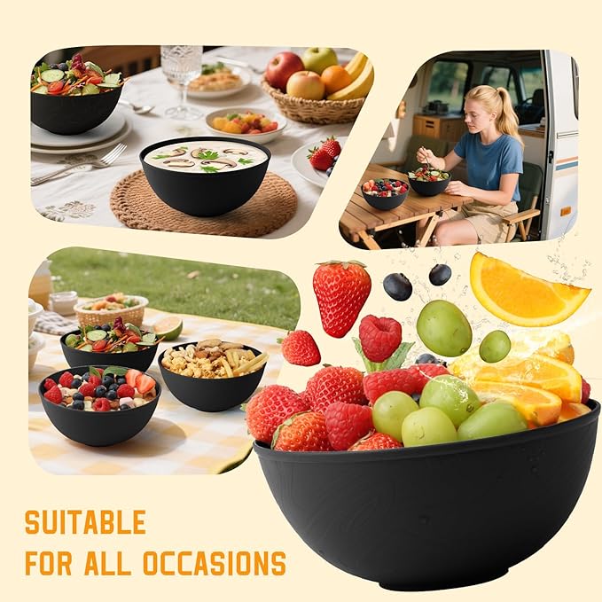 Homienly Wheat Straw Salad Bowls Set of 6, Alternative to Plastic Bowls Reusable, Microwave and Dishwasher Safe Bowl Set, 40 OZ Large Capacity for Cereal, Soup, Popcorn, Ramen, Anti-Slip Texture-Black