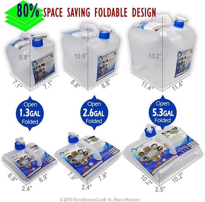 WaterStorageCube 3pc/5pc Premium Collapsible Water Container Bundle Cube + Bag, No BPA Camping Drink Storage Carrier Jug for Outdoors Hiking Backpack & Survival, No-Leak Foldable Portable & Freezable
