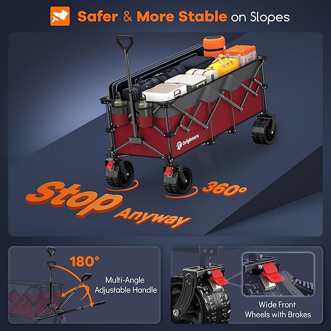 48" L Collapsible Wagon Cart Foldable, 560LB Weight Capacity 300L Heavy Duty Folding Beach Wagons with Big All-Terrain Wheels, Utility Carts for Groceries, Shopping, Camping, Sports - Grey&Red