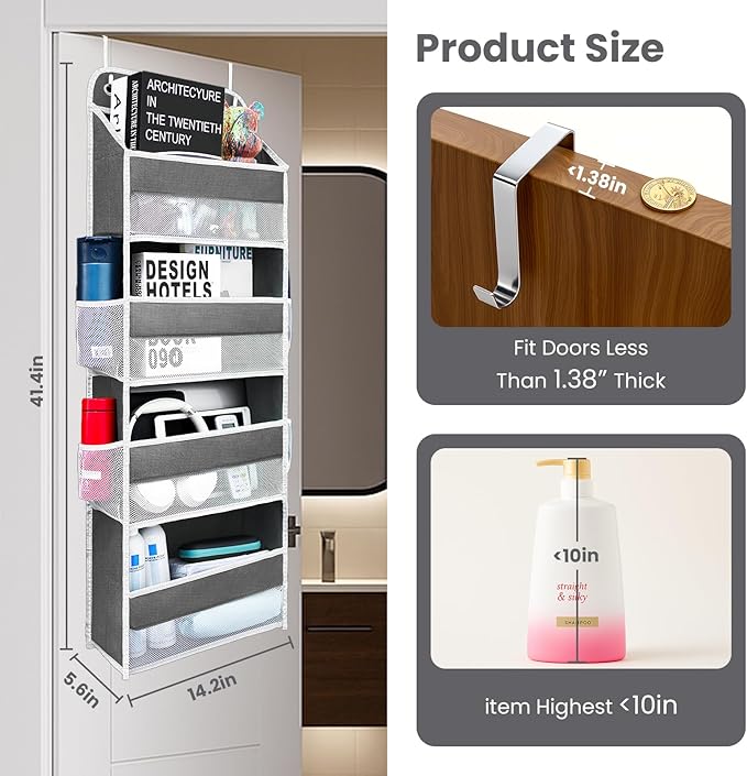 Kitchen Organizers and Storage with 4 Side Mesh Pockets, 44lb Weight Capacity Hanging Behind The Door Storage Suitable for Storing Toys, Shoes, Towels, Dark Grey, 4 Shelf