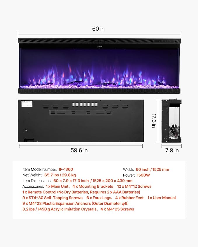 VEVOR 60 inch Electric Fireplace, Three-Sided Glass Wall Mounted Recessed Fire Place with Remote Control, Timer, 1500W, Adjustable Flame Color Brightness,Overheat Protection, for Living Room,Bedroom