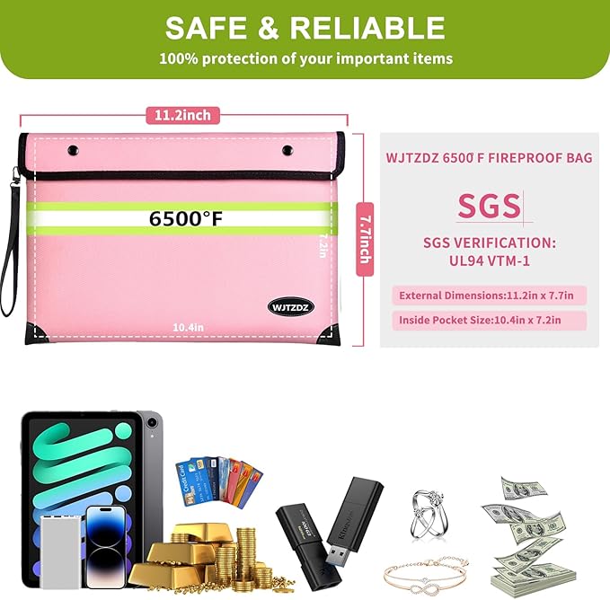 Upgraded Fireproof Money Bag, 10 Layers of Heat Insulated Materials, 6500F Fireproof, Waterproof Zipper, Reflective Strip, Document Bag with Handle for Cash, Important Documents