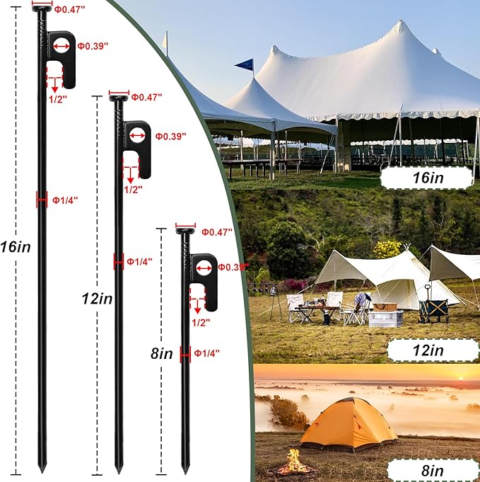 24Pcs Tent Stakes, 8in Heavy Duty Tent Stakes with Storage Pouch, Forged Steel Tent Sakes Metal, Metal Stakes for Tent Used on Grassland, Snowfield, Dessert(24Pcs, 8in, Diameter 1/4")