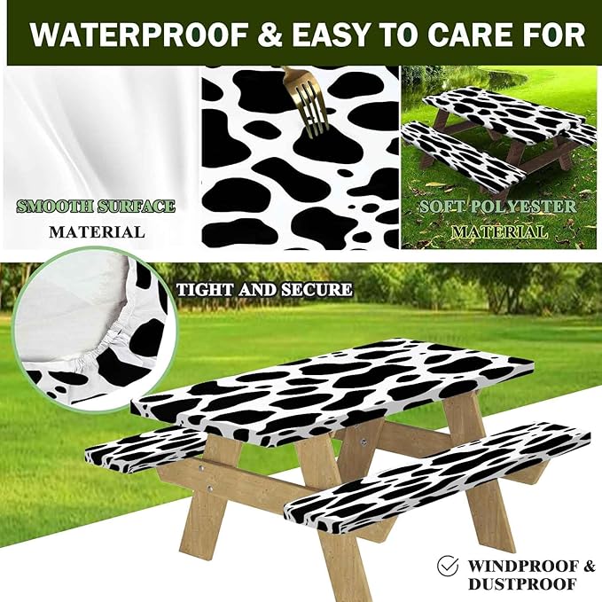 CAPSCEOLL Fitted Picnic Table Cover with Bench Covers with Elastic 6Ft Waterproof Camping Picnic Table Cover Cloths for Outdoors Camping Tablecloth with Drawstring Bag, 72X30in, Black White