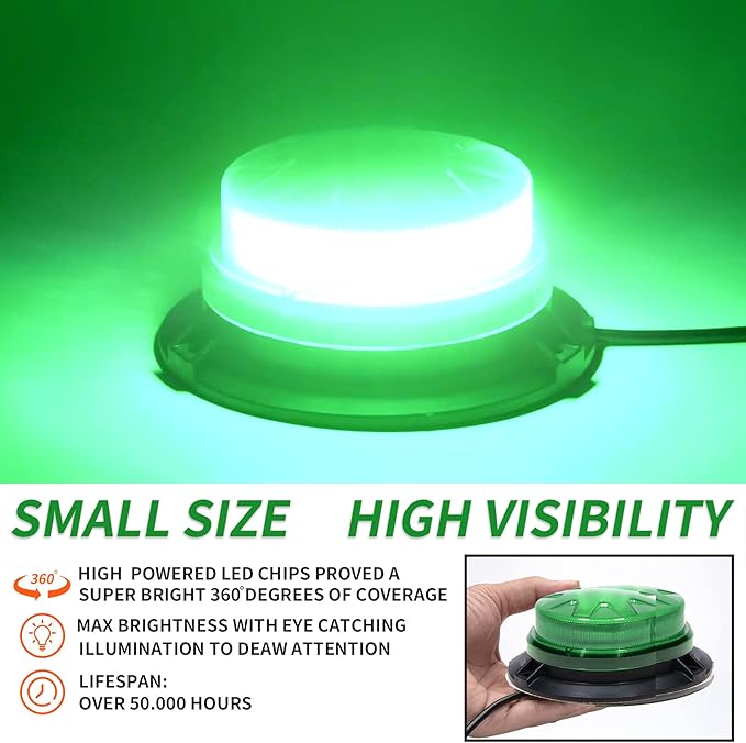 Green Led Emergency Strobe Beacon Lights with Magnetic Mount and 8 Flash Models Warning Safety Flashing Rooftop Signal Lamps for Vehicles Forklift Truck Tractor Golf (24-LED 12V-24V)