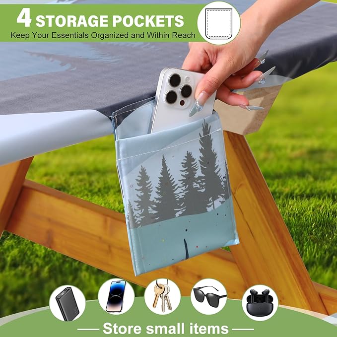 Fitted Picnic Table Cover with Bench Covers Waterproof Elastic Edges Rectangle Patio Tablecloth Outdoor Camping Essentials Stuff Rv Accessories Summer Trip Travel Supplies Party Camper Gifts, 6 ft