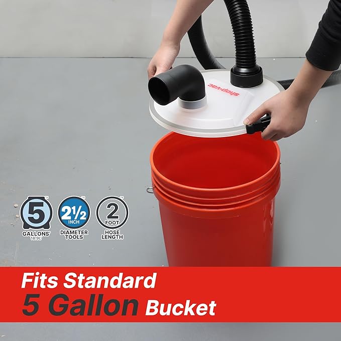 Shop-Vac Dust Collector, Portable Dust Collector for Woodworking, Fits 5 Gallon Bucket, Easy Disposal of Dust & Debris, Elbow Fittings, 2-1/2" Hose and Metal Filter Included