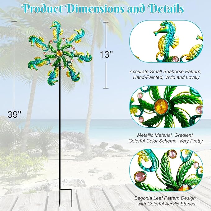 Seahorse Wind Spinners - 39" Ocean-Themed Metal Wind Sculptures Garden Stake Art, 13.5” Windmill Yard Kinetic, Outdoor Decor for Patio & Lawn - Metal Beach Sculpture with Seahorse Design