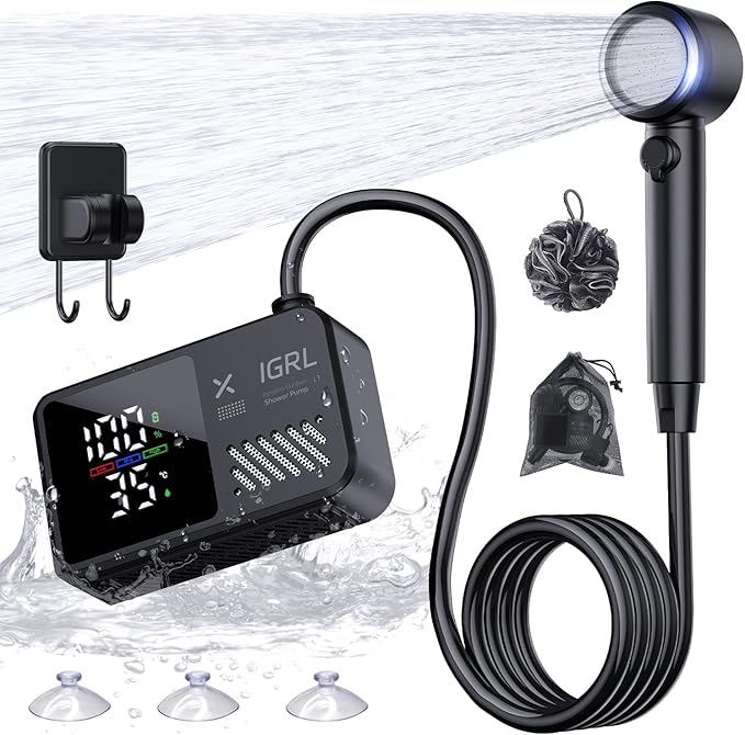 Portable Shower for Camping, Powerful 10L/Min Water Flow, Rechargeable Shower Pump with Bath Sponge, 4 Spray Modes, IPX8 Waterproof, 7800mAh Battery, Ideal for Hiking, Travel, Car Wash, Pet