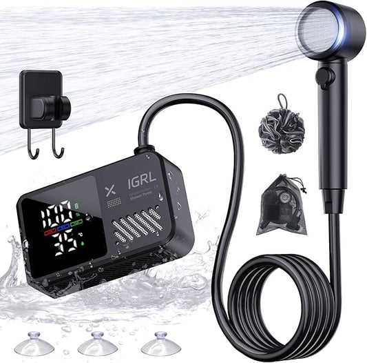 Portable Shower for Camping, Powerful 10L/Min Water Flow, Rechargeable Shower Pump with Bath Sponge, 4 Spray Modes, IPX8 Waterproof, 7800mAh Battery, Ideal for Hiking, Travel, Car Wash, Pet