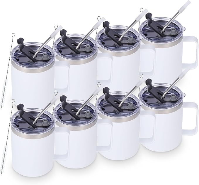 Volhoply 12oz Insulated Leakproof Coffee Mug with Flip & Straw Lid Bulk 8 Pack,Not Suitable for Sublimation,Double Wall Vacuum Stainless Steel Travel Tumbler Cup with Handle(White,8 Set)