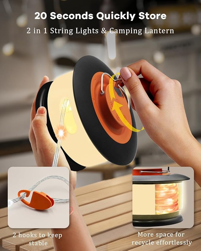Camping String Lights – 4 in 1 Upgraded RGB Retractable Camping Lights with 19 Lighting Modes, Quick 20s Recovery, Waterproof, 33FT Portable, Rechargeable Tent Light for Camping, Hiking,Travel,Gift
