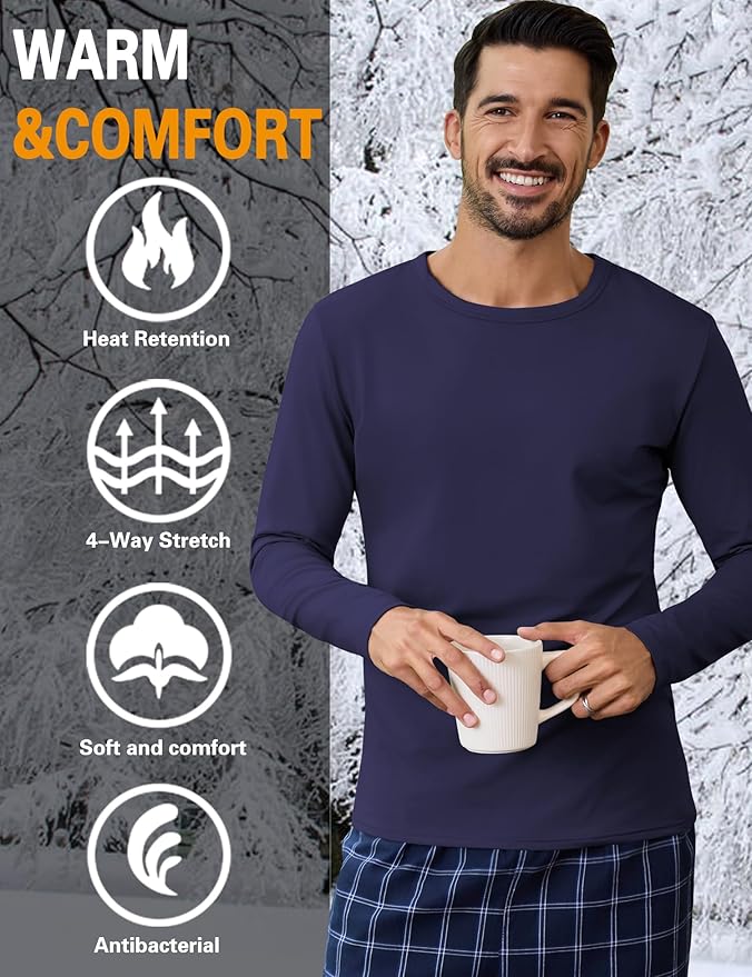 URRU Thermal Underwear for Men High Stretch Fleece Lined Long Sleeve Crewneck Thermal Shirts Base Layer Top Men Cold Weather