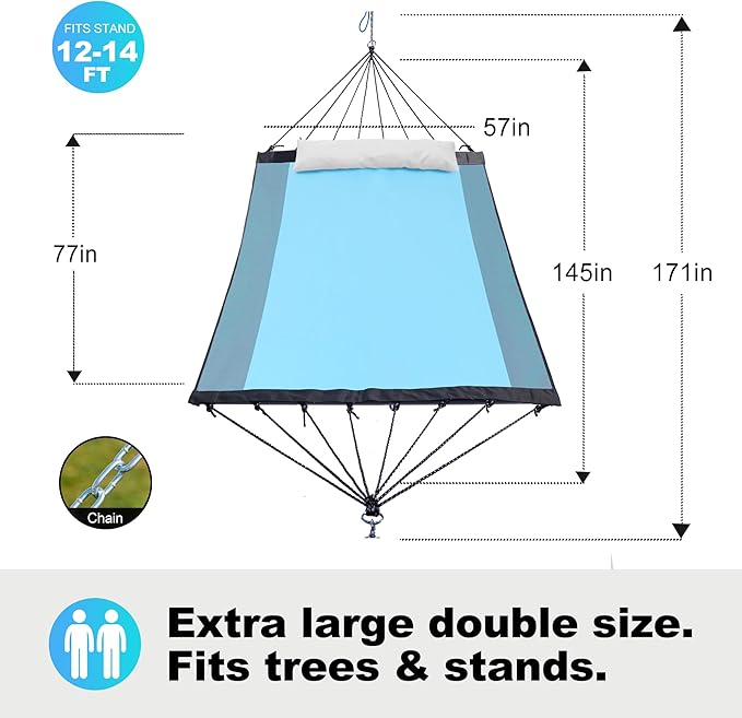 14ft 2 Person Outdoor Hammock, Portable Camping with Folding Steel Spreader Bar, Carrying Bag, Carabiners, Tree Straps, Pillow & Sidebag, Quick Dry Textilene, 550 lbs Capacity (Lakeside Aqua)