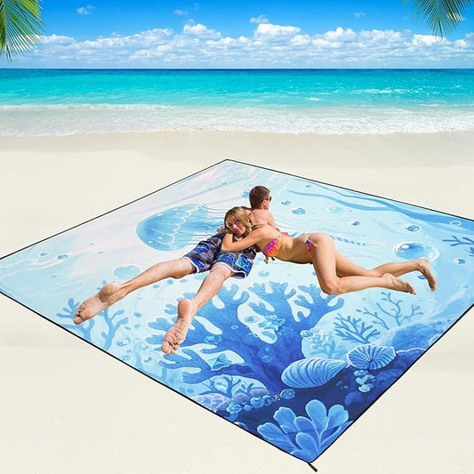 Beach Blanket Waterproof Sandproof Beach Mat 79" X 83"/10'x9'for 2-8 Adults Quick Drying Outdoor Picnic Mat Beach Accessories for Travel, Camping, Hiking
