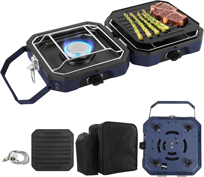 Dollate 2-Burner Propane Stove with Griddle and Carrying Bag, Portable Foldable Camping Stove with 2 Adjustable Burners 16000 BTUs,for Camping Tailgating Essentials Gear (Blue)