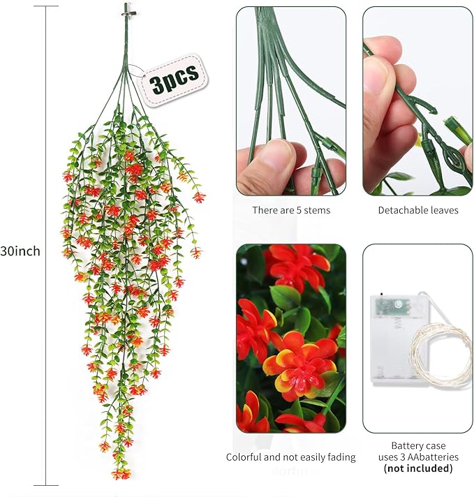 RECUTMS Artificial Plant, 3 Pack Hanging Plants with 30 LED Lights, 11.5in Eucalyptus, Orange Red, Indoor Outdoor Decoration