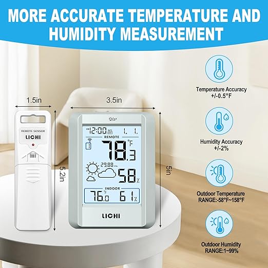 Indoor Outdoor Thermometer Wireless Weather Station Inside Outside Thermometers Hygrometer Monitor,with 330ft Range Remote Sensor, Battery Powered Backlight Display