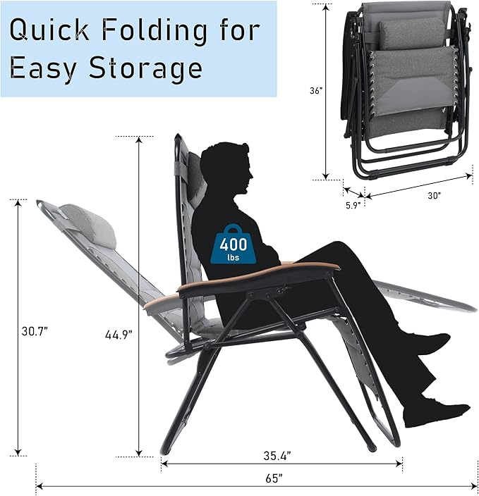 PHI VILLA XXL Oversized Padded Zero Gravity Chair, Foldable Patio Recliner, 30" Wide Seat Anti Gravity Lounger with Cup Holder, Support 400 LBS (Gray)