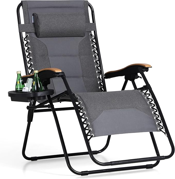 PHI VILLA XXL Oversized Padded Zero Gravity Chair, Foldable Patio Recliner, 30" Wide Seat Anti Gravity Lounger with Cup Holder, Support 400 LBS (Gray)