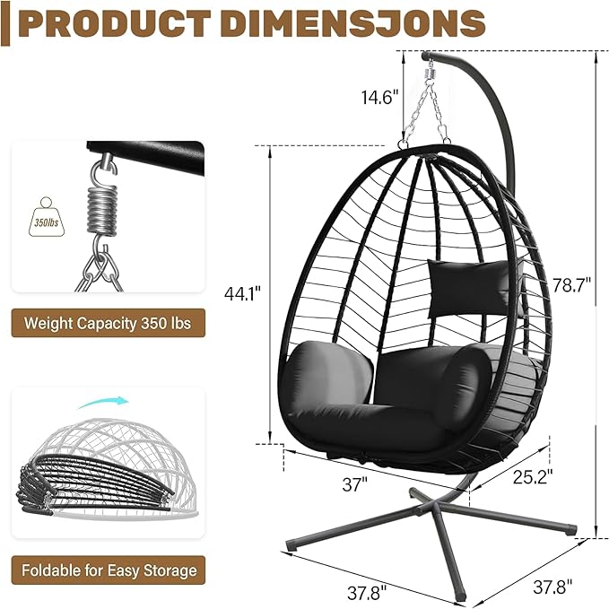 Hanging Egg Chair with Stand, Outdoor Indoor Egg Swing Chair with Cushion Headrest for Patio, Porch, Balcony, Bedroom, 350LBS Capacity (Black)