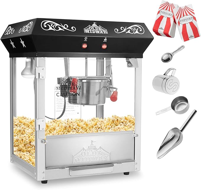 Olde Midway Bar Style Popcorn Machine Maker Popper with 6-Ounce Kettle - Black