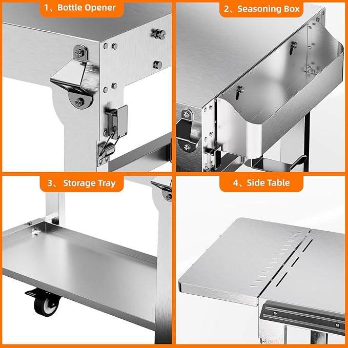 Food Grade 304 Stainless Steel BBQ Grill Table fits Tabletop Griddle, Outdoor Grill Table with 4 Foldable Legs, Portable Grill Stand for RV, Camping, Tailgating