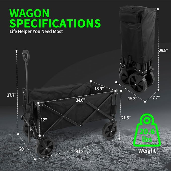 Collapsible Folding Wagon,Utility Beach Wagon Cart Heavy Duty Foldable with All-Terrain Wheels,Large Capacity Foldable Grocery Wagon for Garden Sports Outdoor Camping（Black）