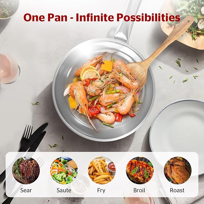 Sunhouse 18/10 9 Inch Stainless Steel Frying Pan, Whole-Clad No Coatings Skillet with Stay-cool Handle for Cooking, Durable & Oven Safe to 500°F, Dishwasher Safe, Compatible with All Cooktops