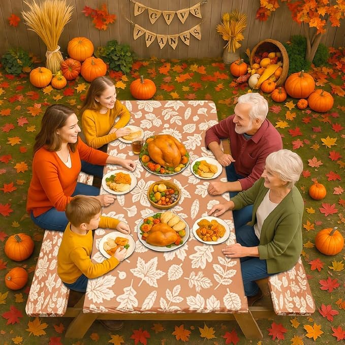 Picnic Table Cover with Bench Covers Elastic Edges, Fall Yellow Fitted Table Cover, Outdoor Patio Camping Essentials 72 Inch 3PCS, Waterproof Camping Fitted Tablecloth with Drawstring Bag