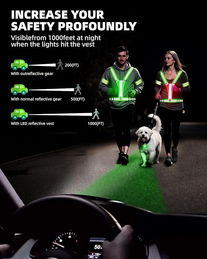 LED Reflective Vest Safety Gear, High Visibility Reflective Running Gear for Dog Walking Running Cycling, Adjustable for Men Women Kids - Reflective Armband and Dog Light with USB Rechargeable