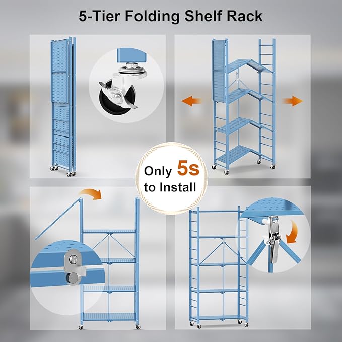 Storage Shelves with 20 Hooks, 5-Tier Foldable Shelf for Storage, Folding Shelf Unit Pantry Shelves with Wheels, Standing Shelving Unit for Kitchen Garage Home Office Room Greenhouse, Blue
