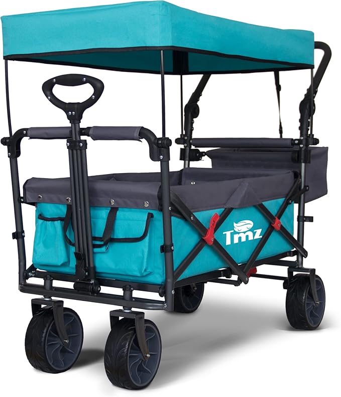 TMZ Collapsible Folding Outdoor Utility Wagon with Removable Canopy - 265lbs Heavy Duty Trolley with Rubber Wheels, Adjustable Handles, Rear Basket, for Shopping, Picnic, Camping (Turquoise/Grey)