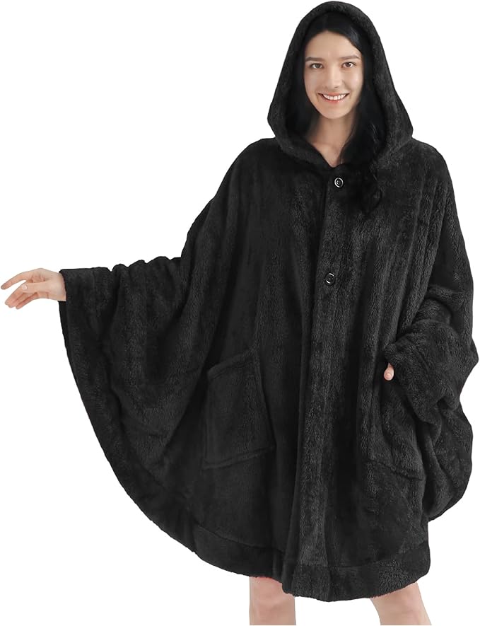 PAVILIA Angel Wrap Hooded Blanket Poncho, Wearable Blanket Throw Wrap Poncho for Women Adult, Cozy Fluffy Sherpa Fleece Shawl Cape with Hood pockets, Warm Gift for Mom Wife, Black
