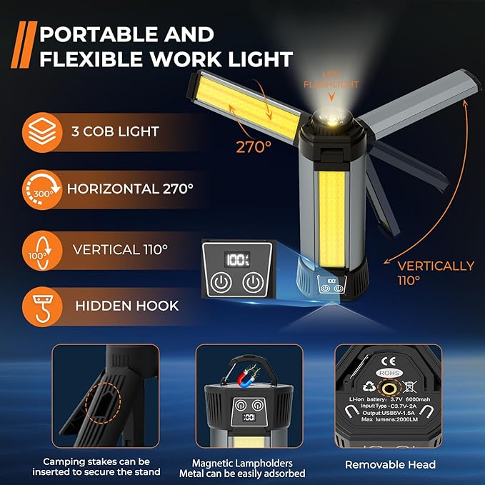Rechargeable Camping Light with Stand, Outdoor LED Cordless Work Light with Portable Telescopic Bracket, 6AH Battery, 2000 Lumen Construction Lights with Carrying Bag