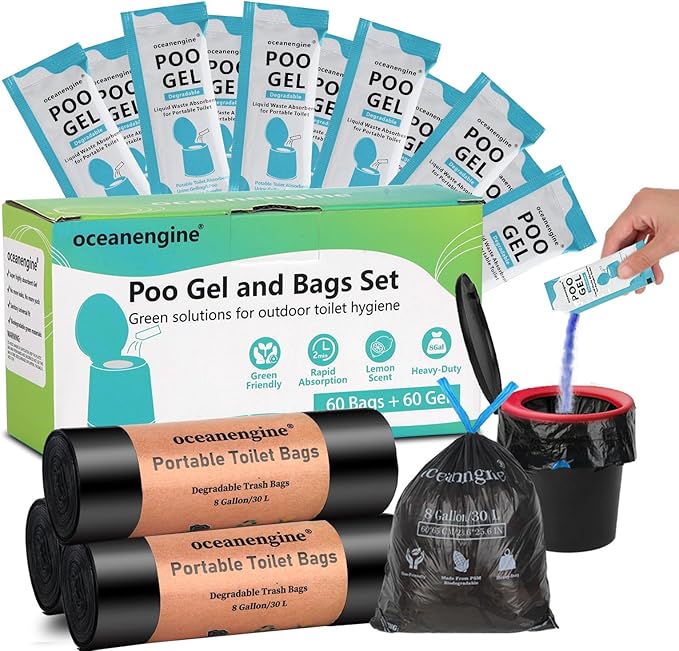 Portable Toilet Bags Poo Gel Set, 8 Gallon Camping Toilet Bags with Portable Toilet Absorbent Gel, Compostable Portable Potty Bags for Camping Outdoor Hiking