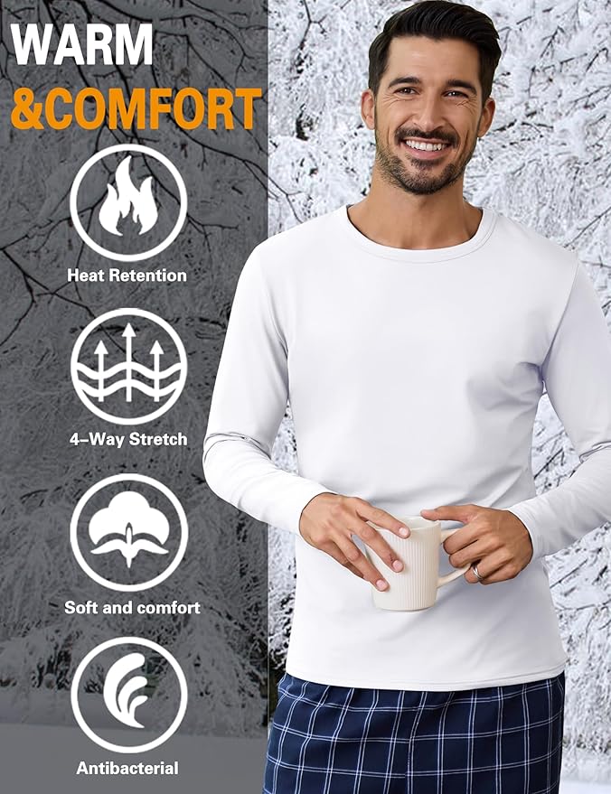 URRU Thermal Underwear for Men High Stretch Fleece Lined Long Sleeve Crewneck Thermal Shirts Base Layer Top Men Cold Weather